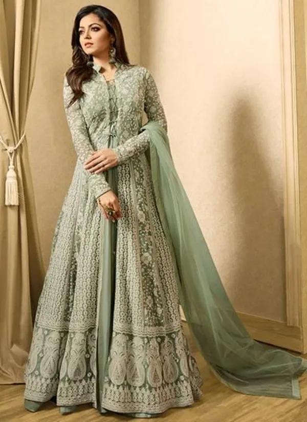 mint green Pakistani prom Dress Embroidery Anarkali Gown lace applique long sleeve caftan kaftan Bollywood Party evening gown