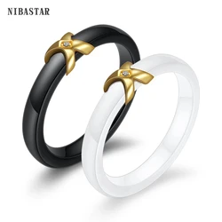 NIBASTAR Simple X Ceramic Ring For Woman Crystal Black/White Ceramic Fashion 3mm Rings Hight Quality Jewelry Gift