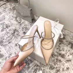 2021 Summer New Female Muller Baotou Back Empty Women's Shoes Pointed Toe Rhinestone High-heeled Slippers Pump Shoes Women