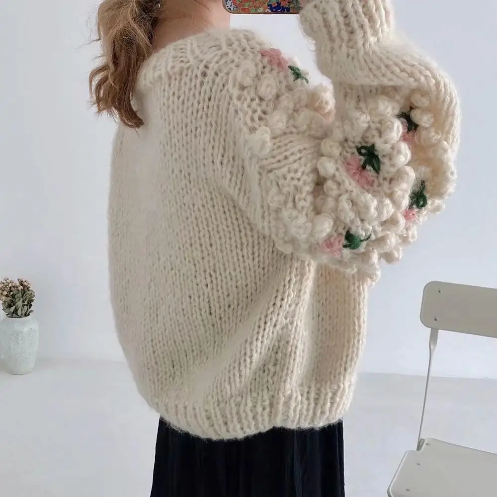 2020 embroidery Knitted Sweater Women Cardigan Befree Harajuku Flower Pull Femme Hiver Leisure Time Coat Truien Dames Autumn