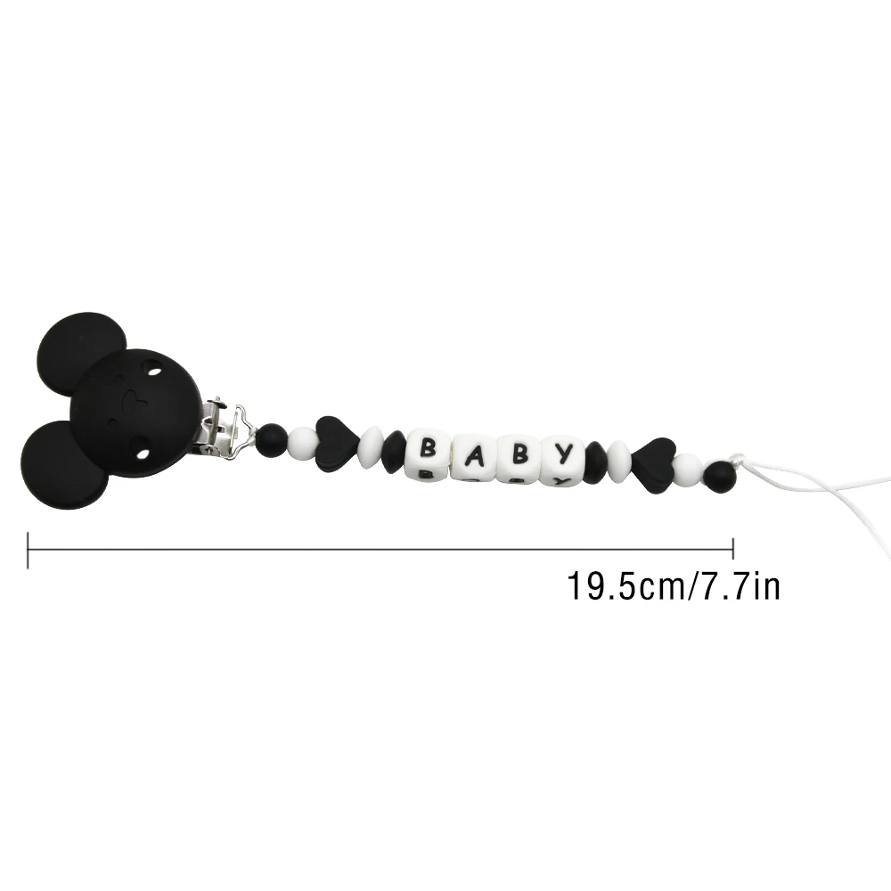 Cute-idea 1Pcs Silicone Personalised Name Baby mouse Pacifier Clips Beads Silicone heart Pacifier Chain Holder Baby goods Gifts