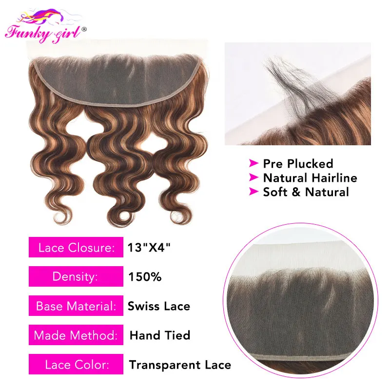 Funky Girl-Pacotes de cabelo peruanos com fechamento frontal, 100% cabelo humano, colorido destaque, P4, 27