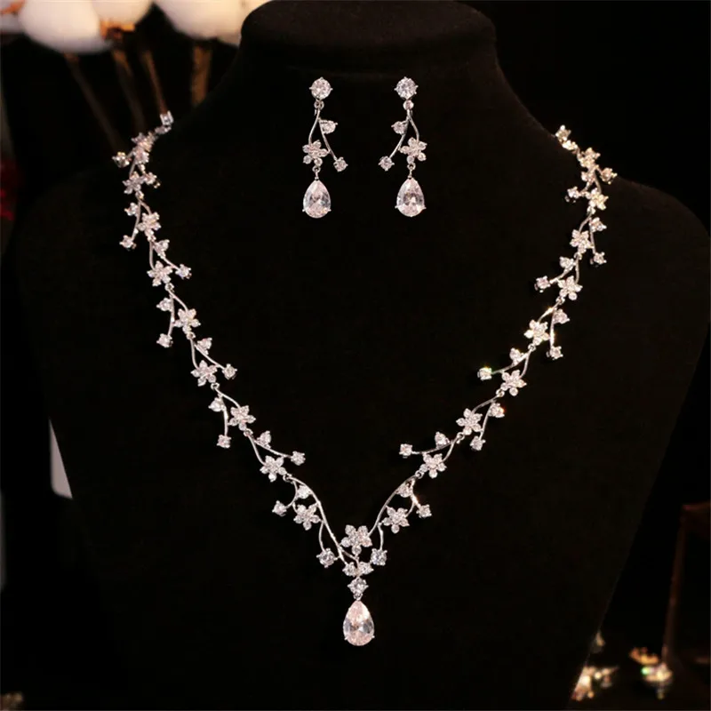 Jewelry Sets For Women Sterling Silver Color Luxury Drop Earring Necklace Set Party Engagement Bridal Wedding Accessories