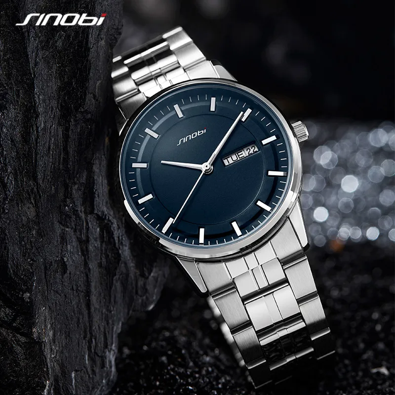 SINOBI New Arrival Man\'s Watch Blue Face Business Men\'s Quartz Wristwatch Fashion Stainless Steel Sports Clock Relogio Masculino