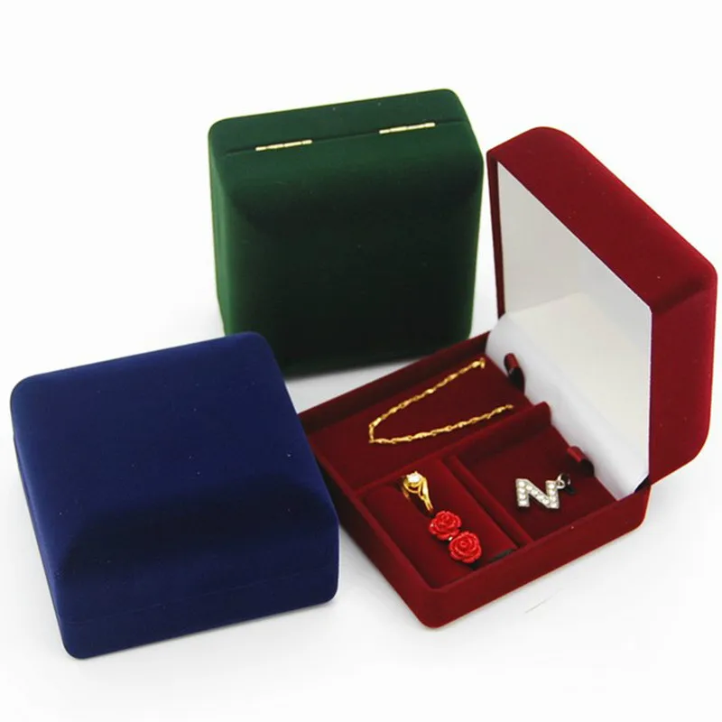 

Red/green/blue Velvet 9*9*5.4cm Multifunctional Jewlery Box Ring Pendant Necklace Display Holder Jewelry Organizer Storage Box