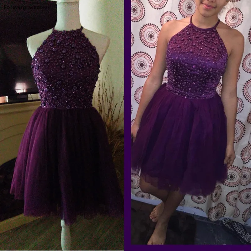 Vestido de fiesta morado, línea A, Halter, Espalda descubierta, con cuentas, vestido de fiesta, Homecoming