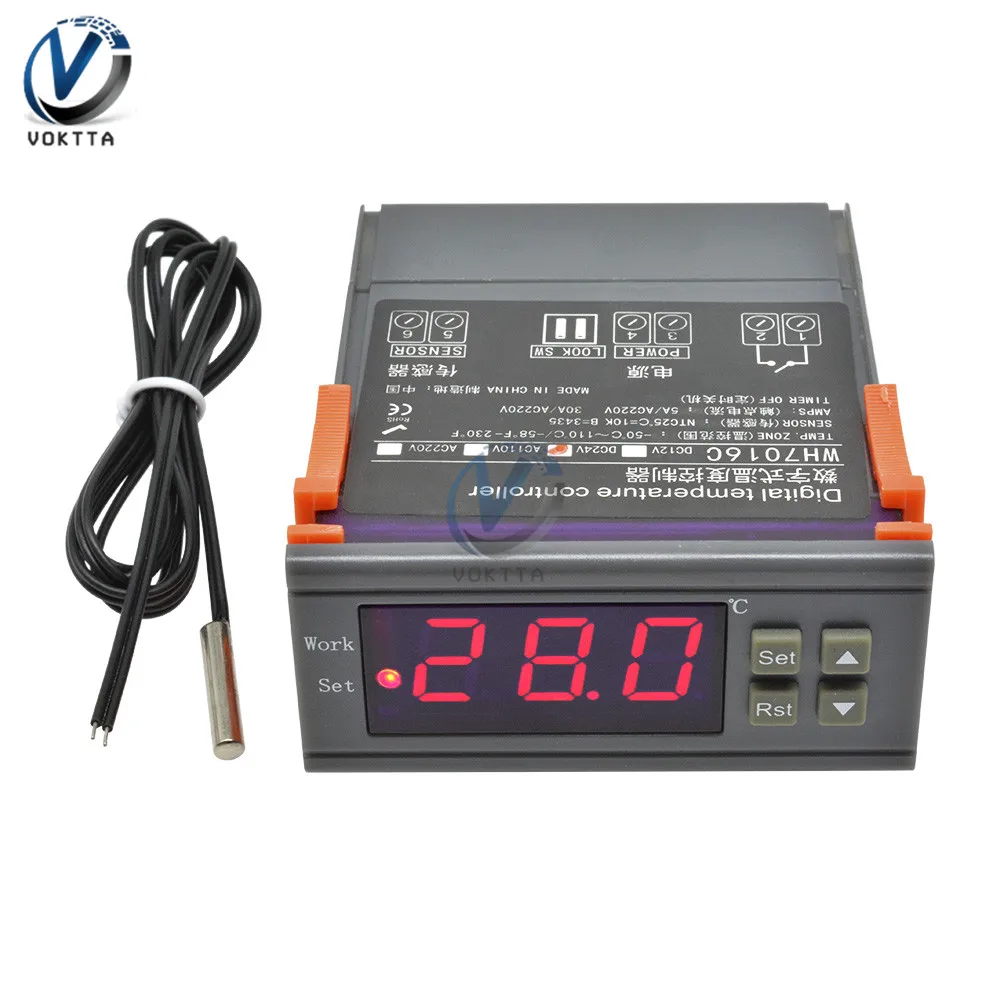 WH7016C DC 12V 24V AC 90V-250V 10A regulator temperatury LCD cyfrowy termometr termometr miernik pirometr z termometr