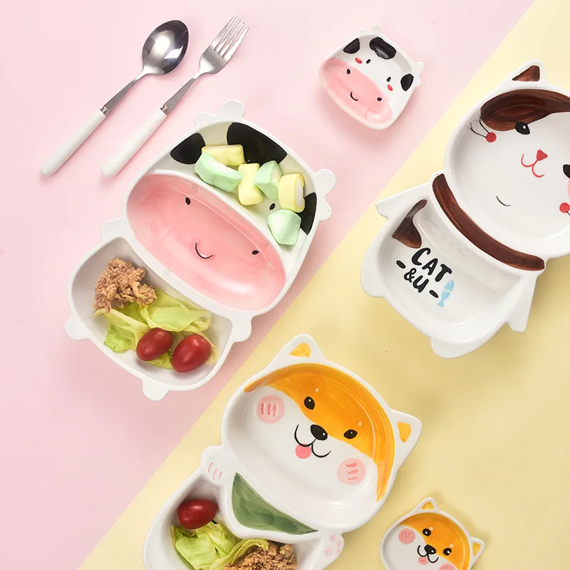 Cute Animal Ceramic Grid Plate Baby Supplementary Food Dinner Plate Cartoon One-person Food Children's Tableware Ceramic Plate