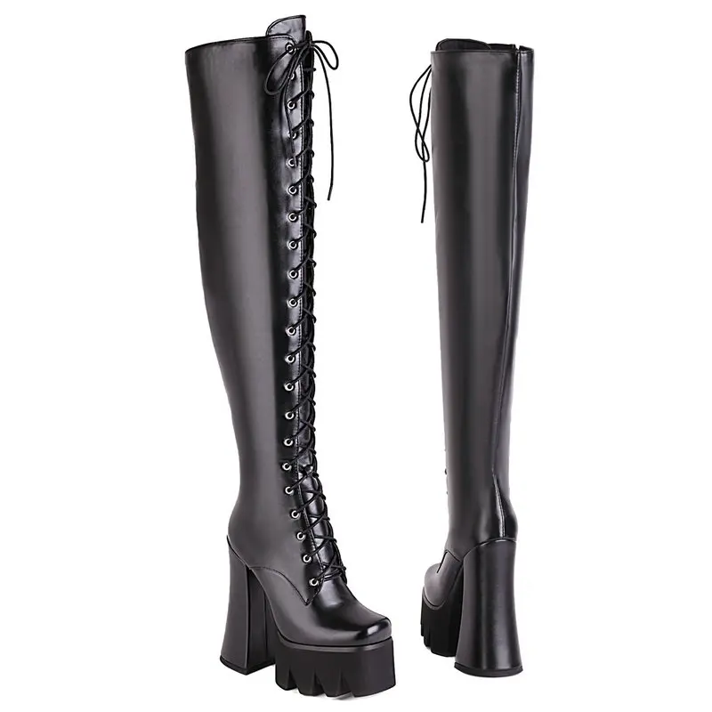 2021 Over the Knee Boots Platform Square High Heel Ladies Modem Boots PU Leather Cross Tied Zipper Women Thigh Boots Big Size 43