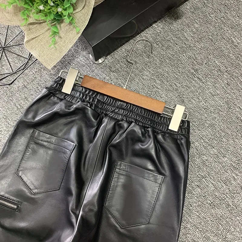 Women Causal Loose Fit Joggers Harem Pants Ankle Length Elastic Waist Sheepskin Genuine Leather Pants New Streetwear Cargo Pants