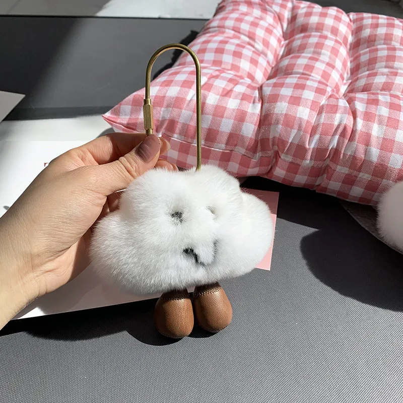 Fluffy Real Rex Rabbit fur keychain Soft Smiling White little cloud Pendant Women Bag Hanging Toy Car Metal Key Ring Ornaments