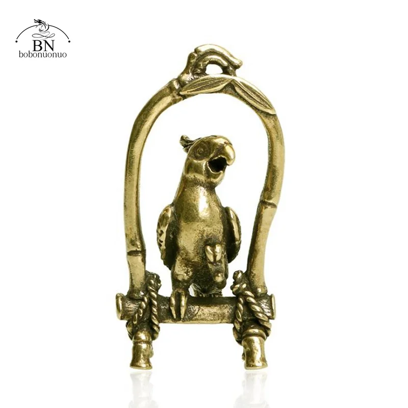 Antique Copper Crafts Bird Cage Parrot Figurines Miniatures Desktop Ornaments Brass Animal Bird Key Chain Pendant Jewelry Decors