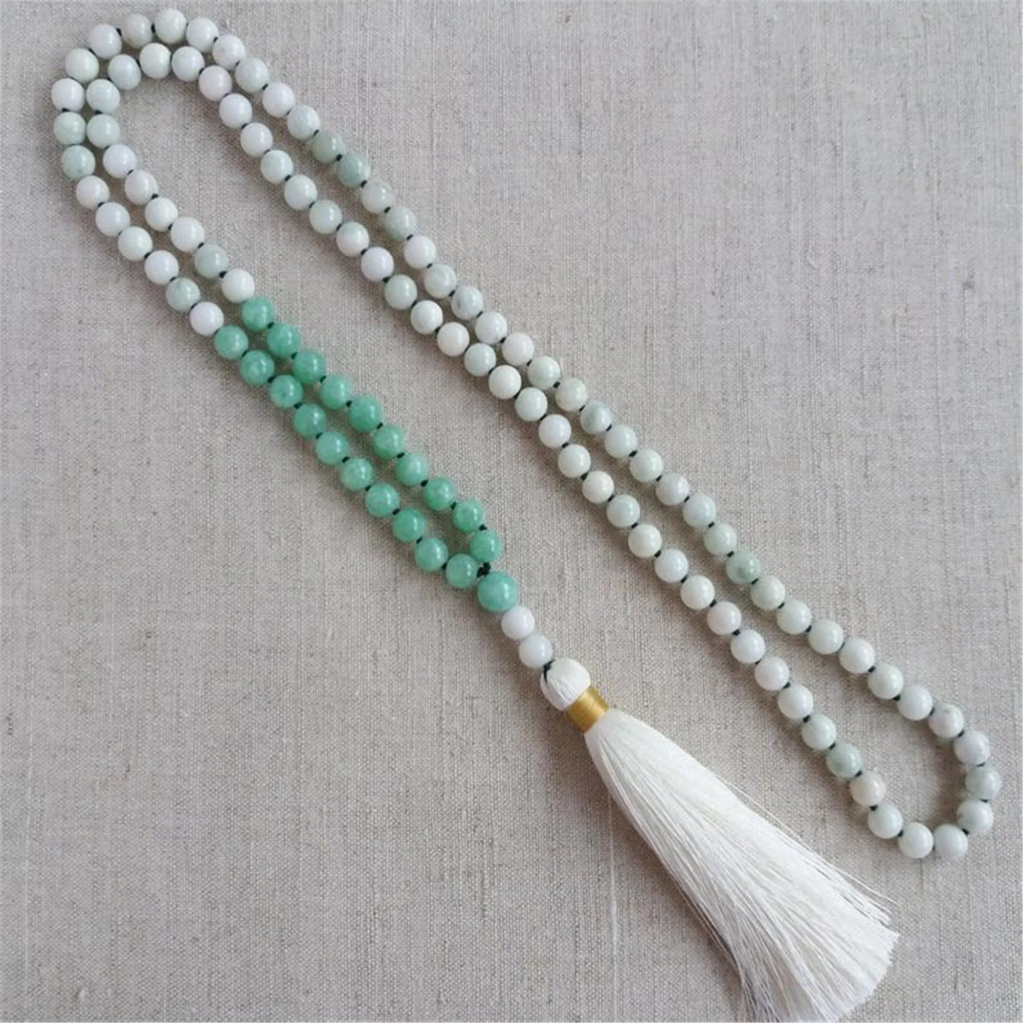 

6mm 108 Zhuhai Sapphire White Chalcedony Knotted Tassel Mara Necklace Wrist Meditation Lucky Handmade Mala Cuff Prayer Chakra