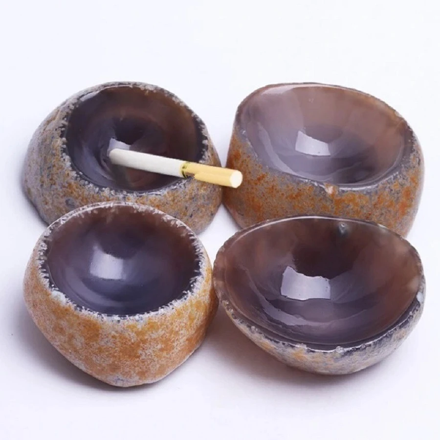 80-100mm Natural Gray Agate Bowl Jewelry Box With Smoking Pipe Ashtray Crystal Stone Healing Home Decor