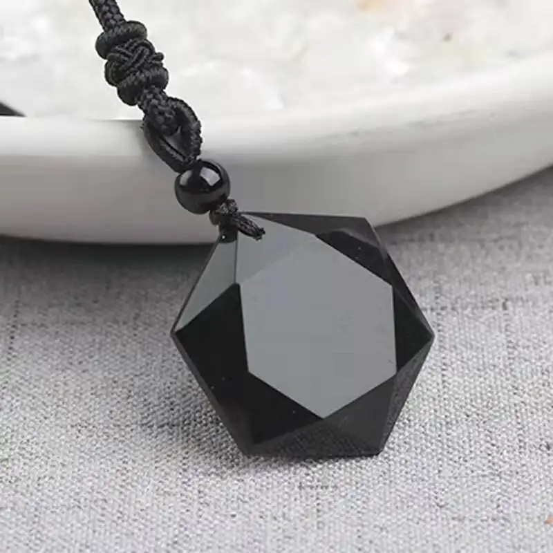 Natural Black Obsidian Flash Light Pendant Gemstone Hexagram Six Star Carving 41mm 61mm Black Obsidian Necklace AAAAA