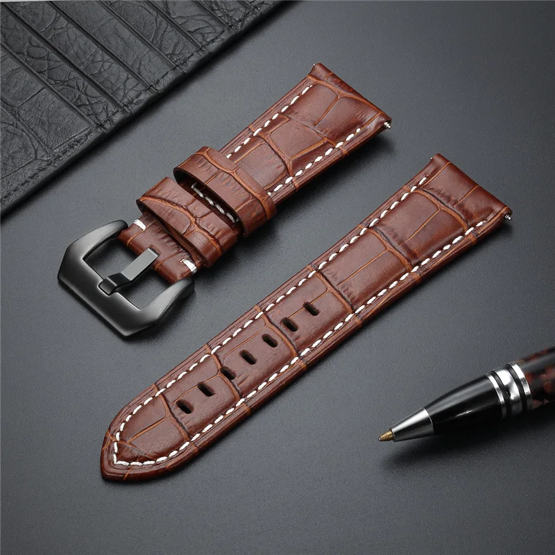 Business Genuine Leather Watchbands 20mm 22mm 24mm 26mm Steel Buckle Watch Accessories Black Brown Blue Wristwatch Straps