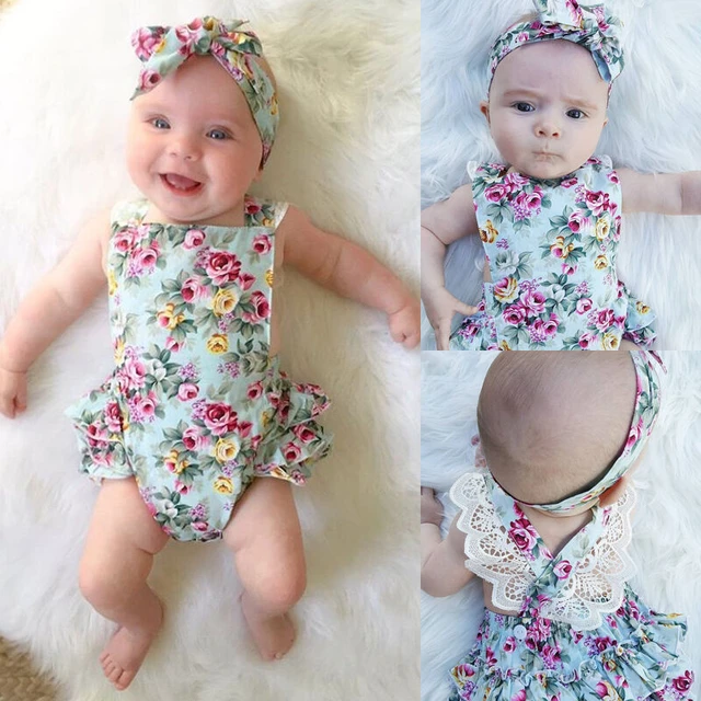 Moda recien nacido chico bebe nina ropa Floral 2 uds conjuntos de encaje mono mameluco diadema AliExpress