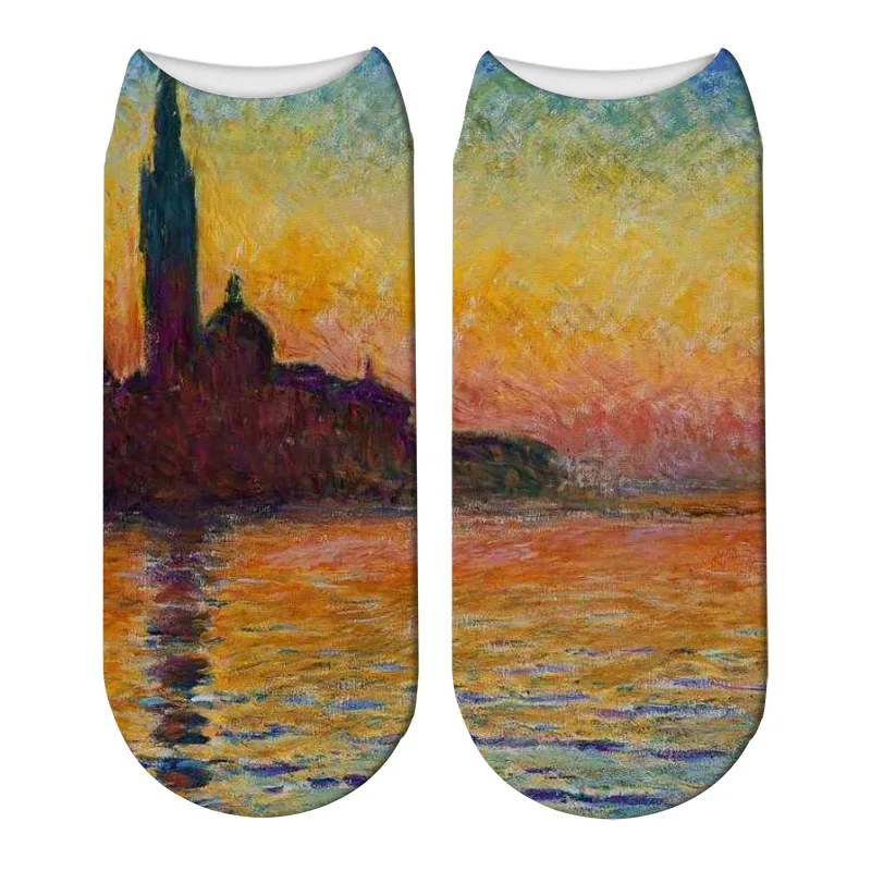 Moda 3d retro pintura arte monet meias feminino engraçado personalidade novidade feliz meias casual tornozelo algodão calcetines mujer