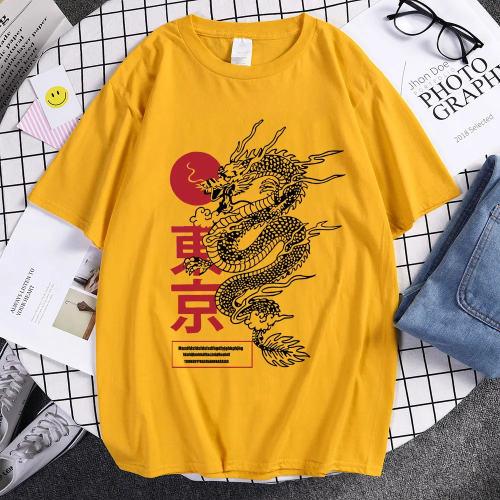 Women\'s T-shirt Vintage Chinese Dragon Print Loose Top Summer New Harajuku O-neck Short-sleeved T-shirt Gothic Streetwear