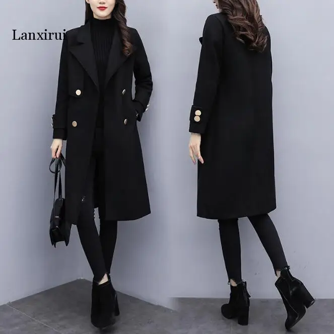 

New Autumn Winter Lapel Long Sleeve Black Brief Loose Double Breasted Long Woolen Coat Women Fashion