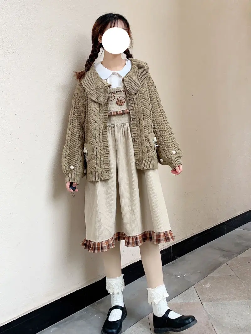 Lolita Cute Bear Corduroy Overall Dress Women Girls Sleeveless Vintage Plaid Ruffle Harajuku Casual Kawaii Suspender Dresses