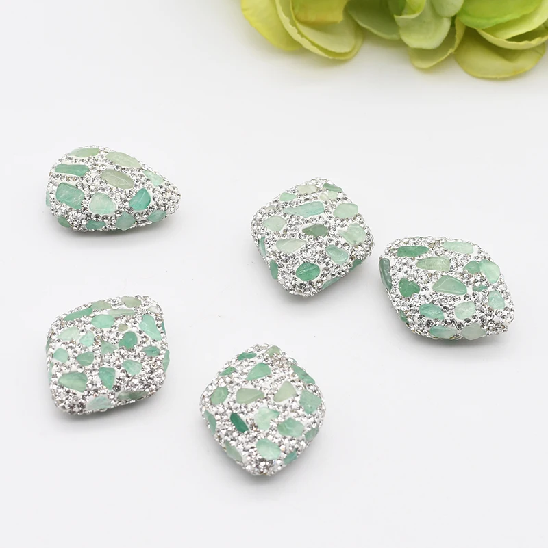 5pcs/lot 33x25mm High Quality Light Green Larimar diamond Beads Trimmed With Crystal Zircon