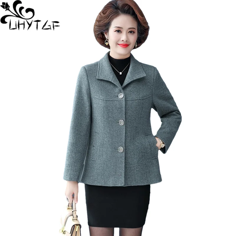 UHYTGF Elegant Mother Autumn Winter Woolen Coat Women's Single Breasted 5XL Large Size Jacket Female Wild Casual Short Tops 1426