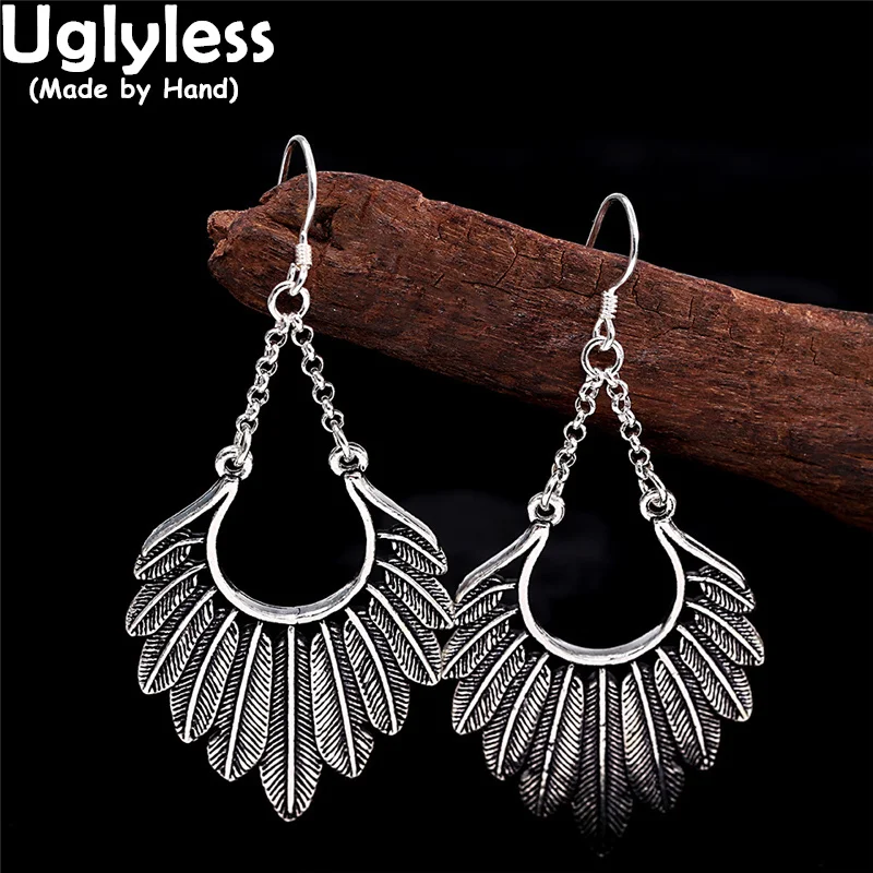 

Uglyless Exotic Thai Silver Feathers Earrings for Women Vintage Bohemia Jewelry Real 925 Silver Retro Brincos Leaves Earrings