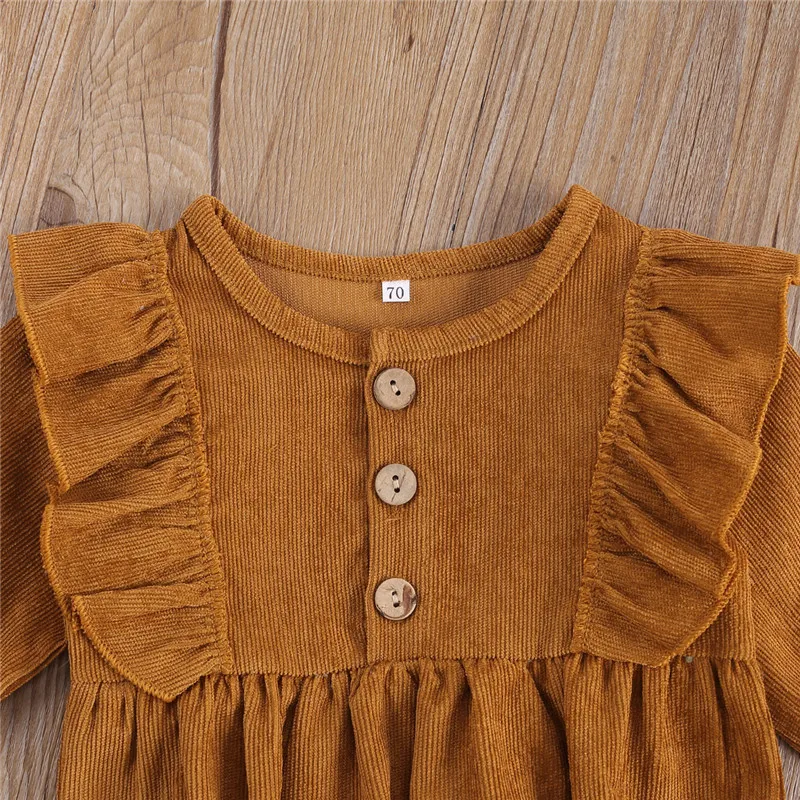 Baby Girls Solid Corduroy Bodysuits 0-24M Newborn Toddler Spring Fall Casual Cotton Long Sleeve O-Neck Ruffled Jumpsuits Outfits