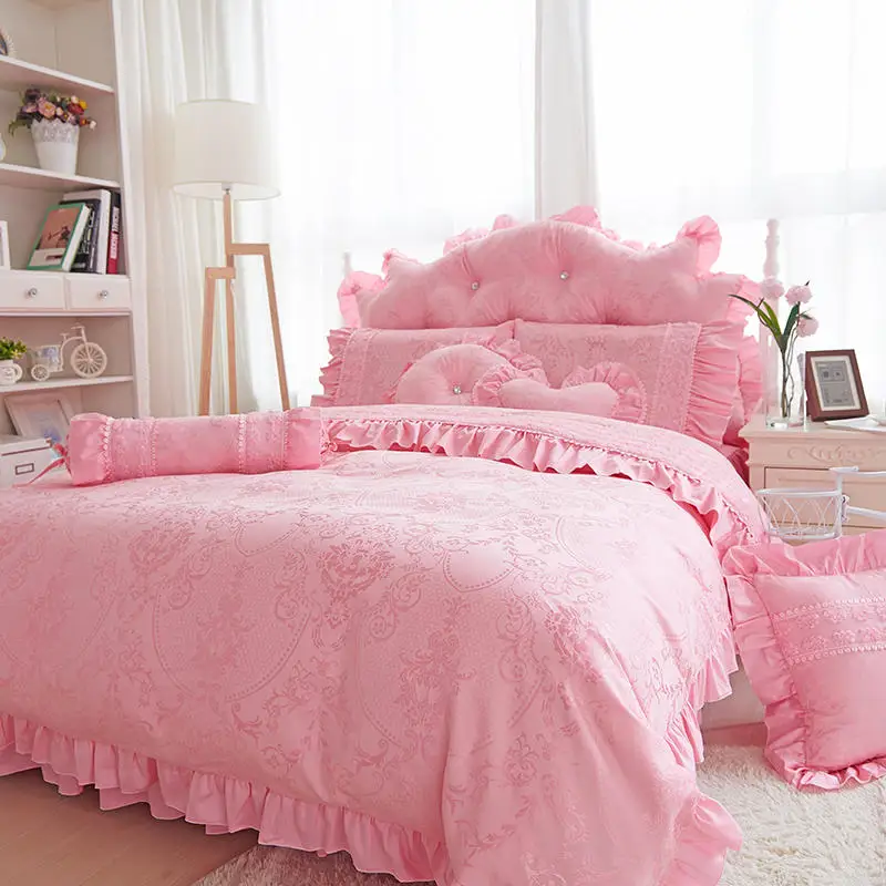 

Pink Jacquard Satin Bedding Set Luxury Princess Lace Flowers Ruffles Duvet Cover Cotton Bed Skirt Pillowcases Home Textile