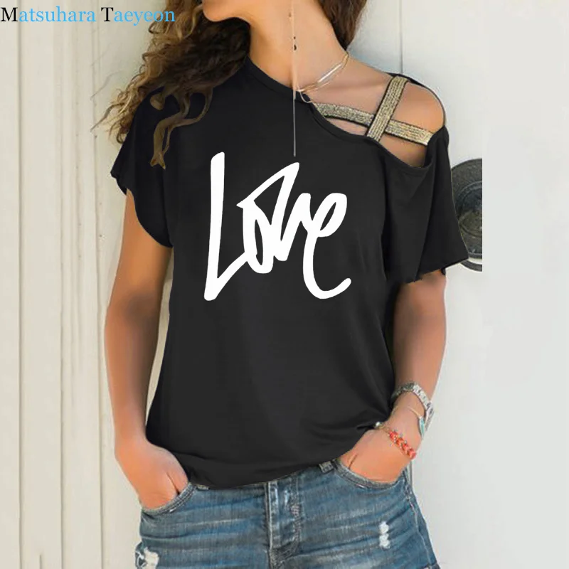 

Women T Shirt love Printing Graphic Tee T-shirt Women Summer Tops Female Harajuku Tshirt Irregular Skew Cross Bandage tops
