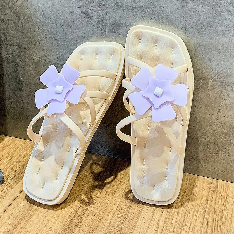 Chanclas planas con flores para mujer, de goma suave Sandalias planas, zapatillas de playa, zapatos de exterior para el hogar, sandalias informales de verano