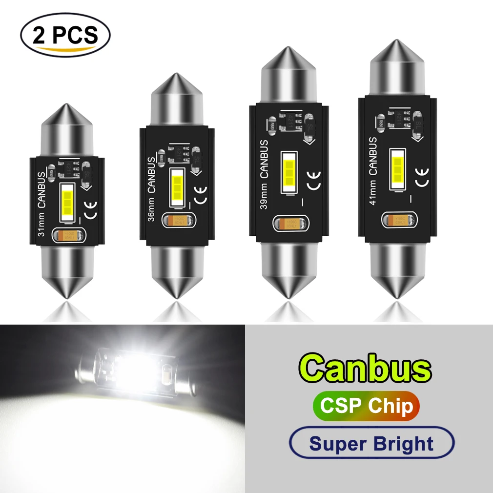 2pcsC5W LED CANBUS C10W led bulb Festoon 31mm 36mm 39mm 41mm CSP Car Interior Dome Lamp License Plate Reading Light White 12V