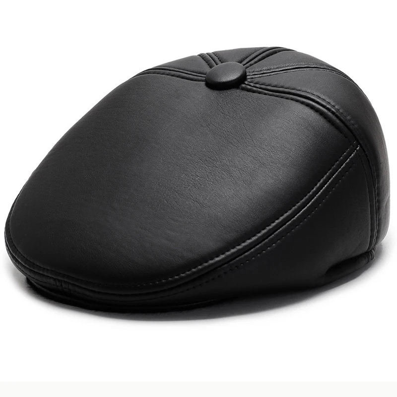 HT2629 Beret Cap Autumn Winter Hats for Men PU Leather Hat Vintage Ivy Flat Cap Male Thick Warm Berets for Men Beret Hat