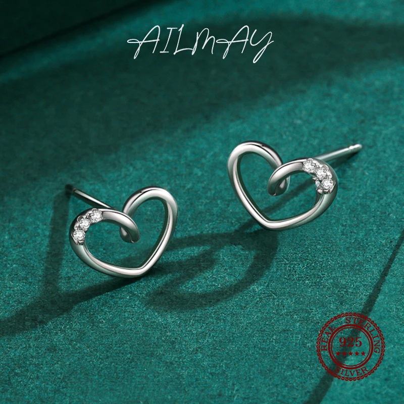 Ailmay Genuine 925 Sterling Silver Simple Romantic Heart Design Stud Earrings For Women Wedding Statement Fine Silver Jewelry