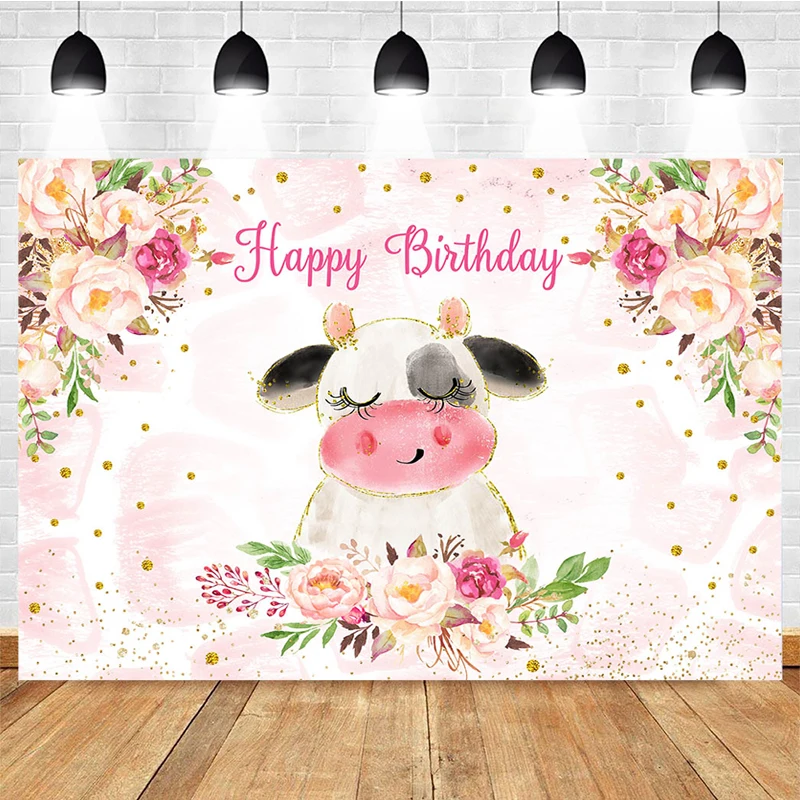 Mocsicka Birthday Party Photography Background Little Cow Pink Flower Decoration Props Newborn Baby Shower Photo Backdrop Studio