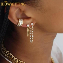 New Gold Color Fashion Sparking CZ Paved Long Tassel Chain Multi Piercing Girl Women Statement Front Back Sided Dangle Earrings