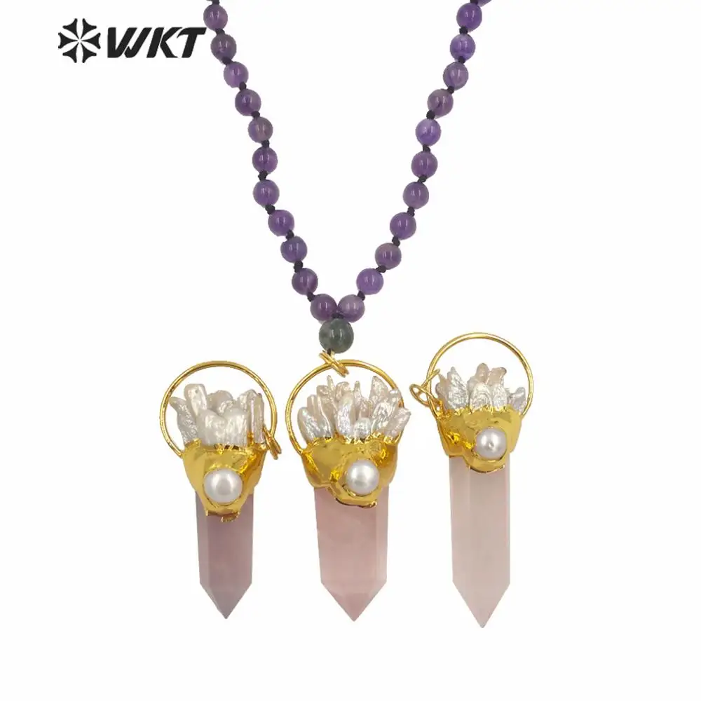 

WT-N1243 Lady gorgeous long beads rose quart stone necklace precious natural a-methyst energy spirit quartz stone necklace