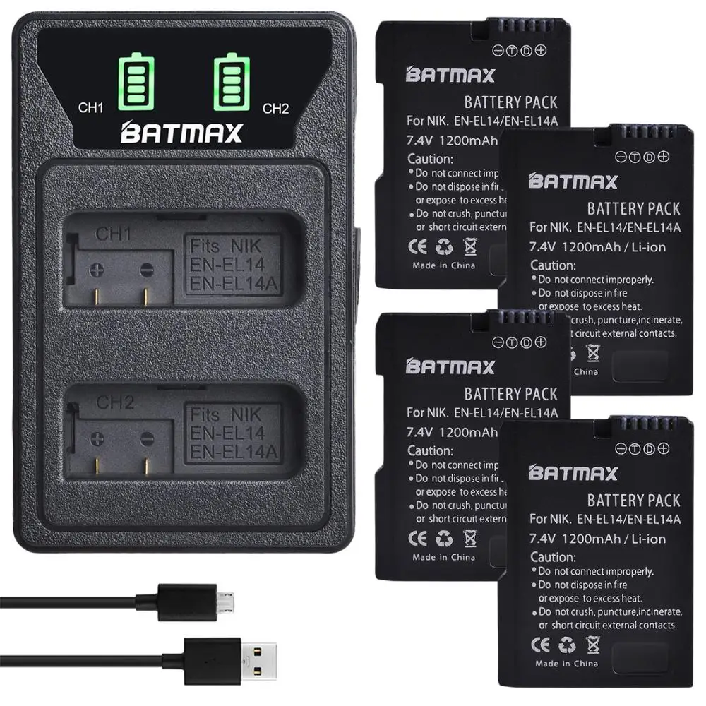 4X EN-EL14 EN EL14 Battery Bateria + LED Bulit-in USB Dual Charger MH-24 for Nikon D3100 D5200 DF P7000 P7100 P7200 P7700 P7800