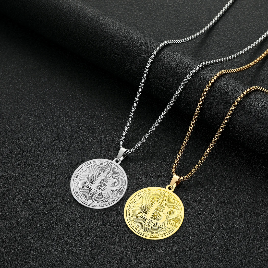 Bitcoin Pendant Women Men Gold Plated Circle Bitcoin Pendant Necklace Bitcoin Charm Chain Stainless Steel Female Male Gift