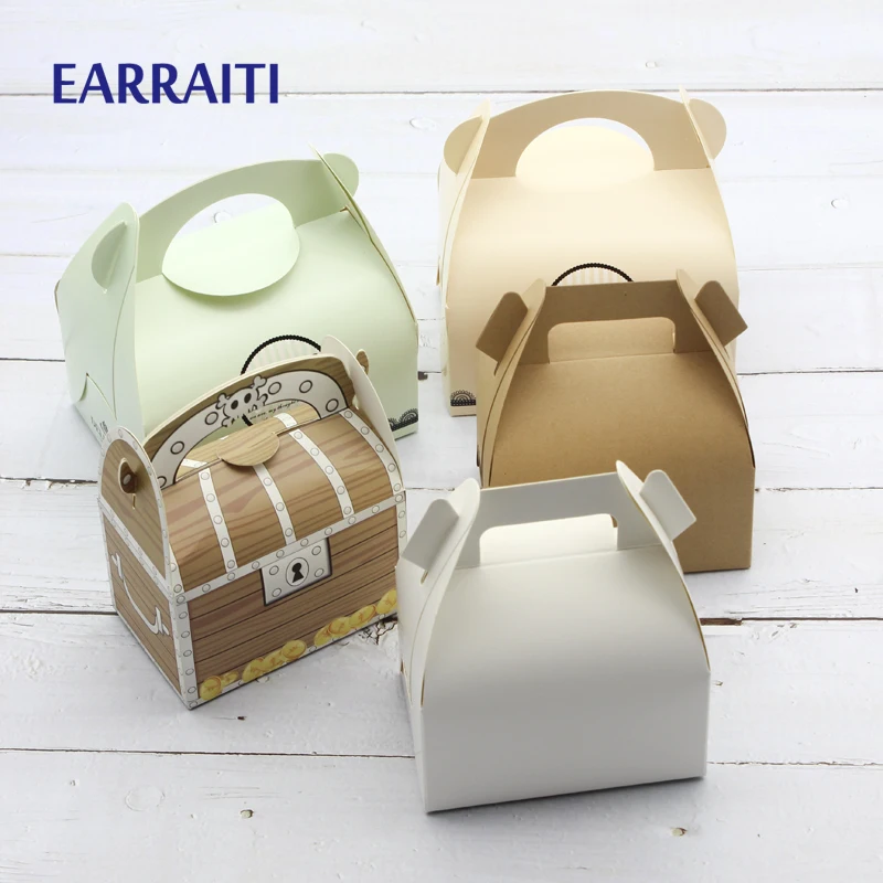 

12PCS Kraft Paper Box With Handles Treasure Pattern Home Baking Mousse Cake Packaging Sweet Dessert Packing Boxes Pink Blue