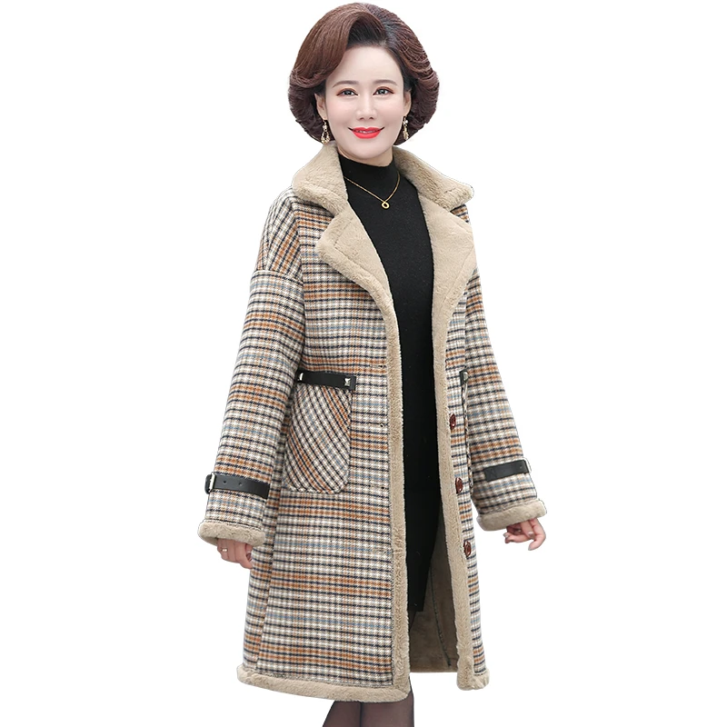 Winter new lamb fur coats female fashion clothing medium long coat Women's  thick Check cloth jacket 5XL