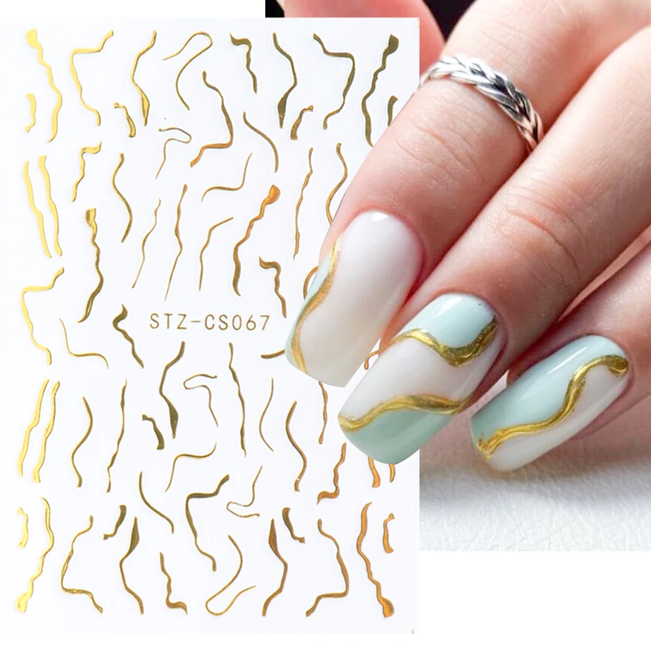 3D Gold Tape Line Nail Design Sparkly Geometry Stripe Swirl Stickers Nail Decals Gel Polish Manicure Decor Sliders NTSTZ-CS067