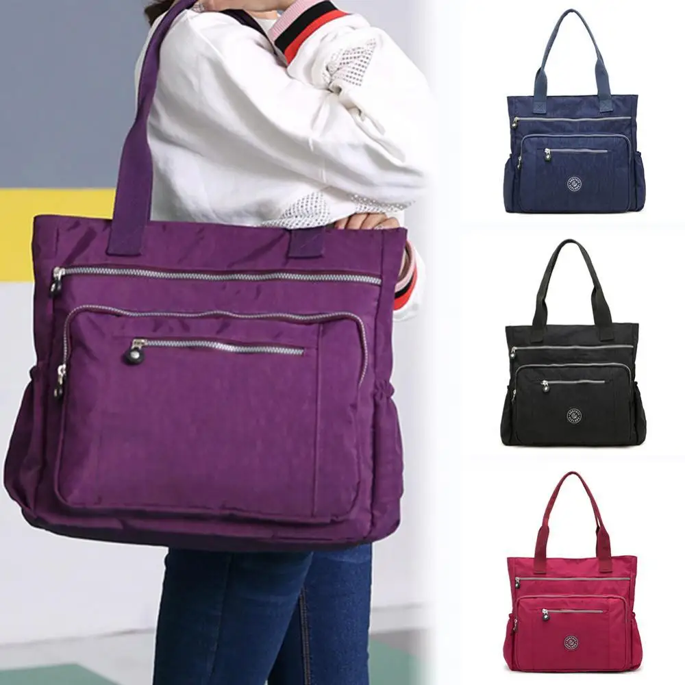 Tas Tangan Ritsleting Multi Saku Warna Polos Wanita Kasual Tas Penyimpanan Bahu Nilon