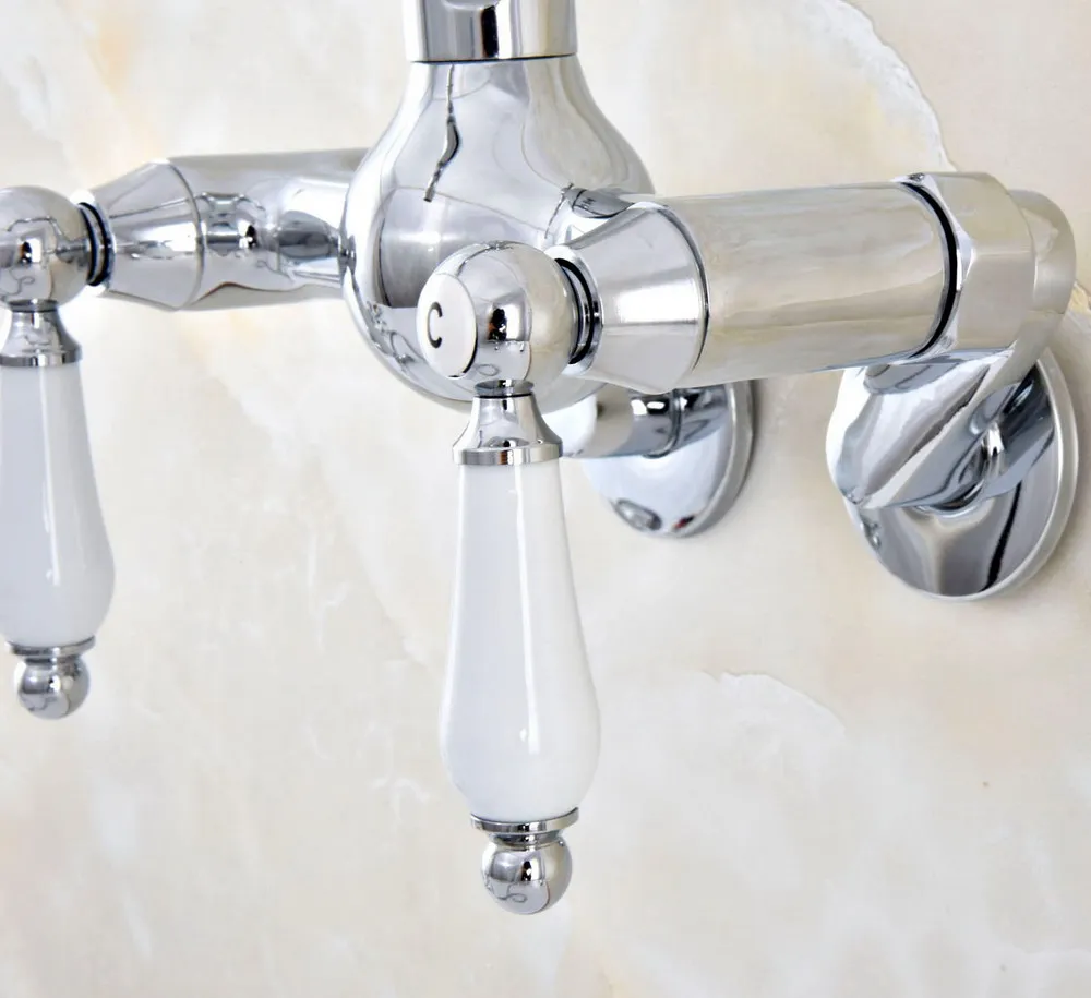 Prata Latão Cromado Fixado Na Parede Dupla Alças Banheiro Kitchen Sink Faucet Tap Mixer Bica Giratória-Ajusta A Partir De 3- 3/8 "aqg205