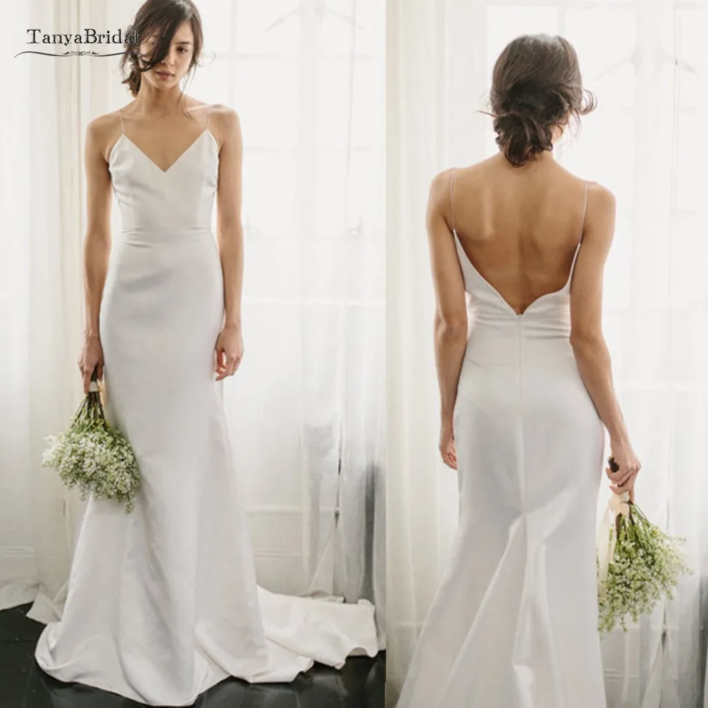 Simple Satin Wedding Dress V Neck Backless Mermaid Long Bridal Dresses Spring Summer Garden Vestidos De Noiva Bride Gown SWD035