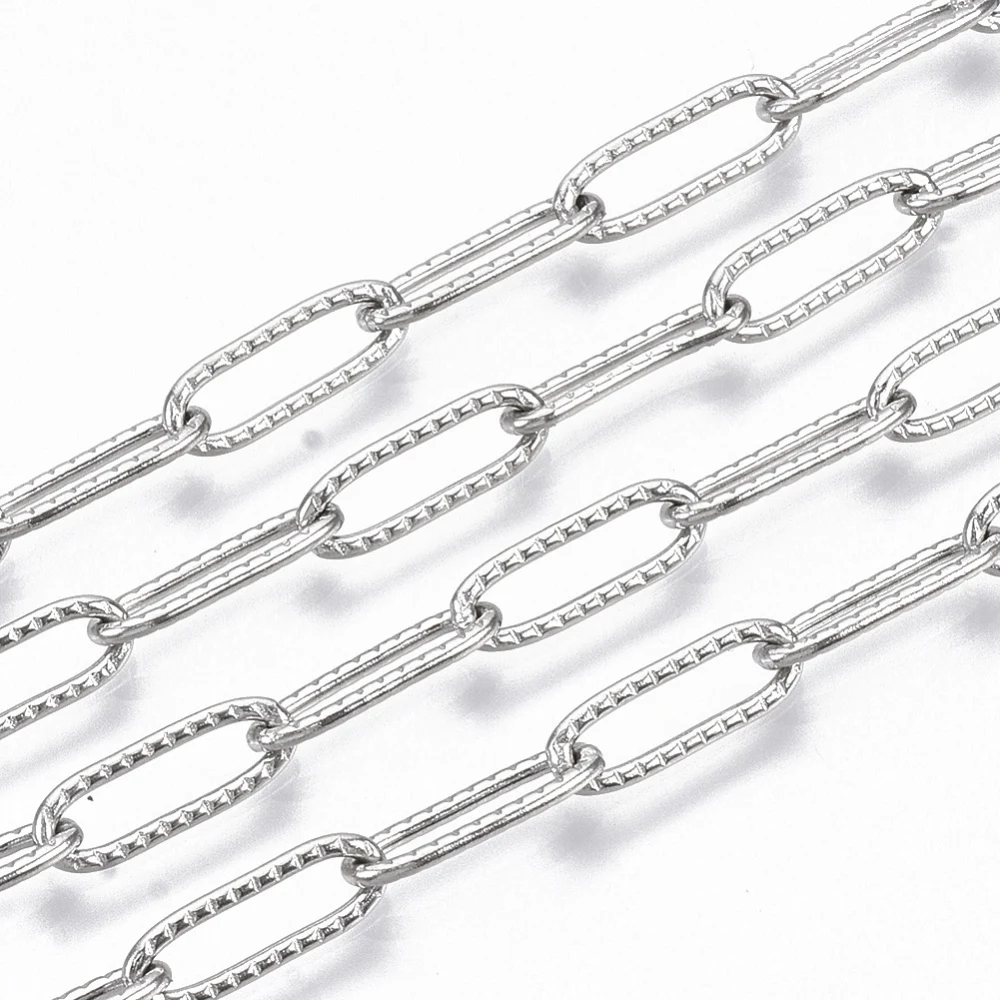 

about 1m/strand 304 Stainless Steel Textured Paperclip Chains Soldered Drawn Elongated Cable Chains 12x4x1mm