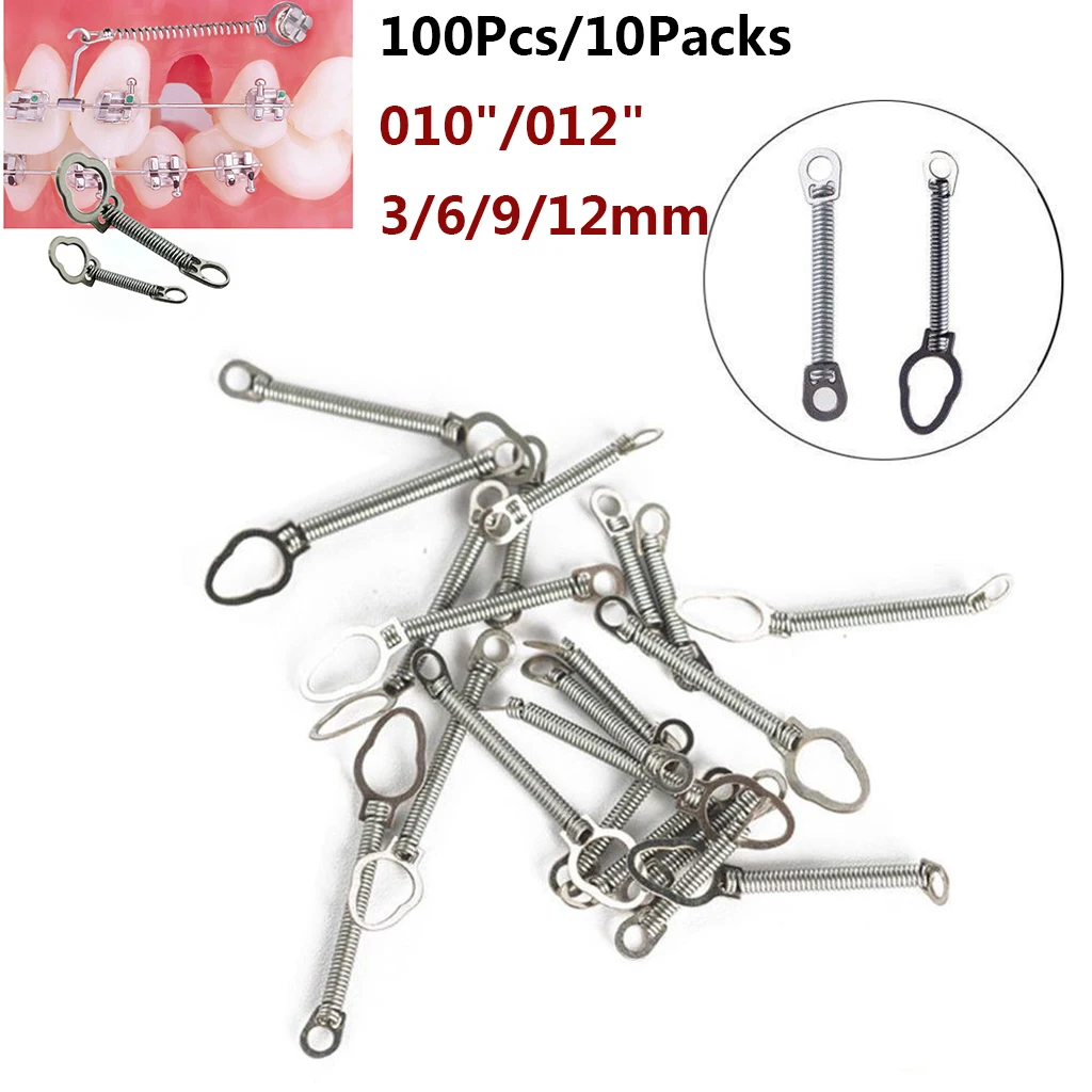 

Cesoon 100Pcs/10Packs Dental Orthodontic NiTi Alloy Closed Coil Spring 3/6/9/12mm Medium/Light Force Eyelet Dentistry Materials