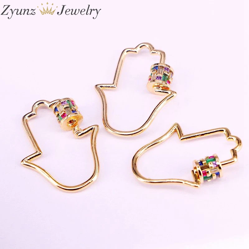 6PCS, 24*31mm, Screw on hamsha hand Clasp for metal chain and cord, Gold Color Rainbow CZ Pave Lock