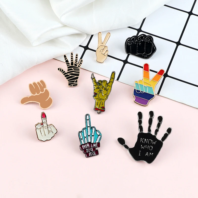 Punk Hand Metal Pins Brooches OK Yeah Good Rock Finger Signal Enamel Pin Badges Various Gestures Jewelry for Women Men Kids Gift